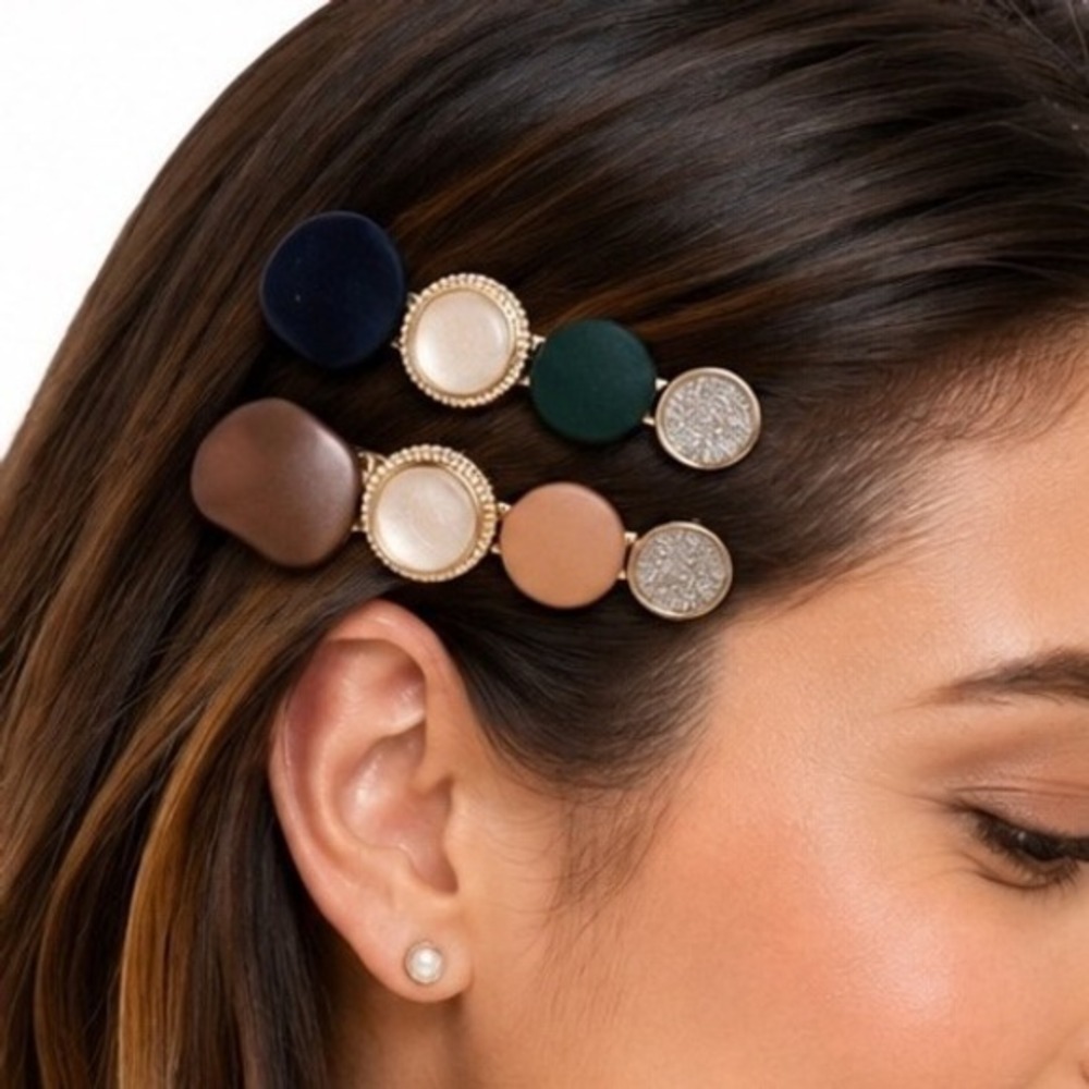Set Multi Color Stone Gold Tone Alligator Hair Clips Navy Green Bronze Mauve J-0
